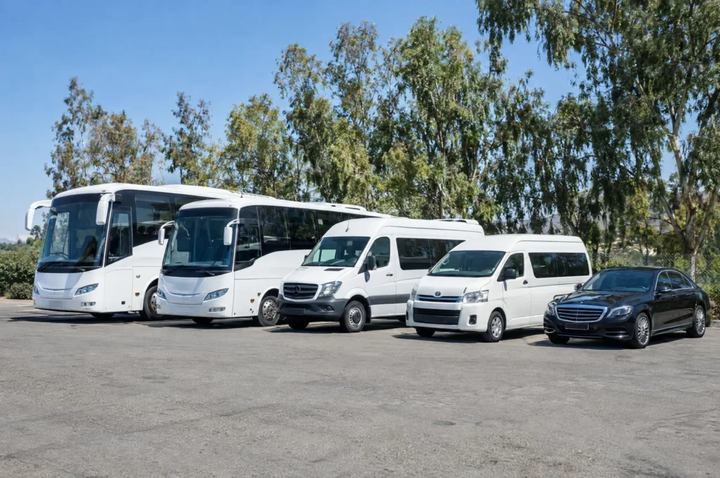 אוטובוס, מידיבוס, מיניבוס, ואן ורכב מנהלים חונים זה לצד זה