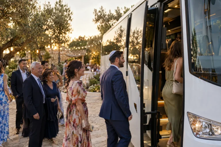 אורחי חתונה עולים לאוטובוס הסעות בכניסה לאולם